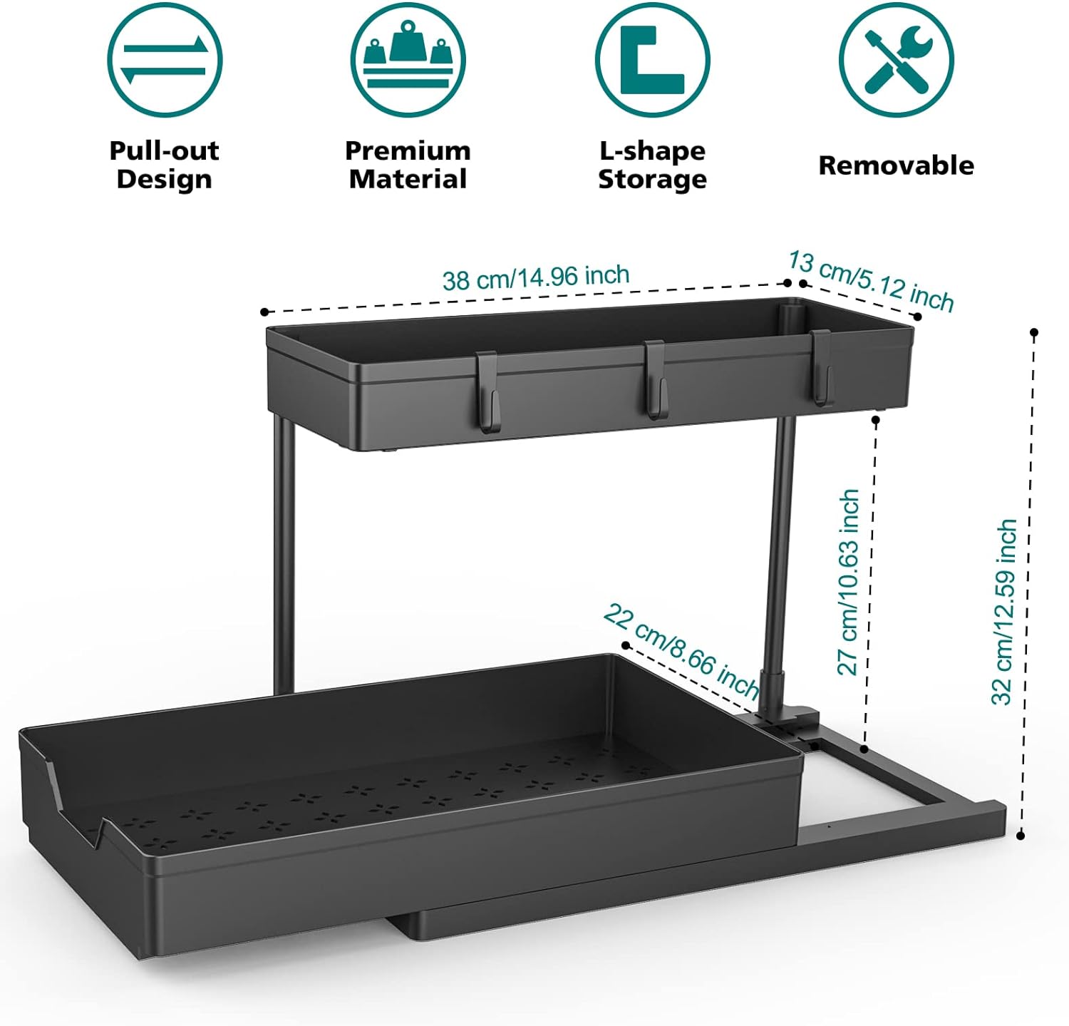 2-Tier Under Sink Organizers, 2 Pack Sliding L-shape Cabinet Organizers Narrow Space Storage Multi-purpose Sink Organizer for Bathroom Kitchen Drawer(Black 2 ) - Image 7
