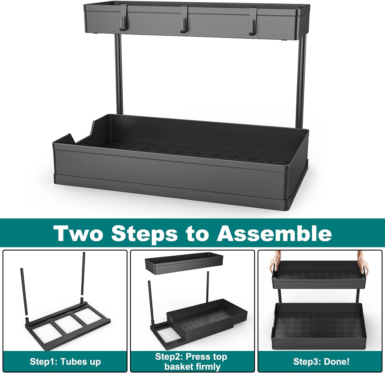 2-Tier Under Sink Organizers, 2 Pack Sliding L-shape Cabinet Organizers Narrow Space Storage Multi-purpose Sink Organizer for Bathroom Kitchen Drawer(Black 2 ) - Image 6