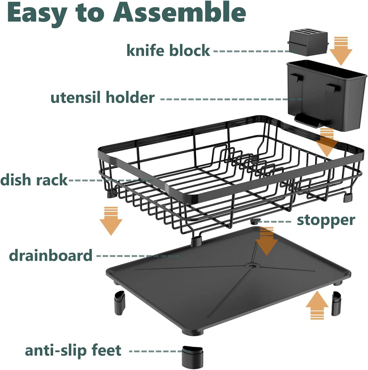 AIDERLY Iron Dish Drying Rack with Drainboard Dish Drainers for Kitchen Counter Sink Adjustable Spout Dish Strainers with Utensil Holder and Knife Slots, Black - Image 5