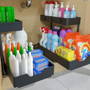 2-Tier Under Sink Organizers, 2 Pack Sliding L-shape Cabinet Organizers Narrow Space Storage Multi-purpose Sink Organizer for Bathroom Kitchen Drawer(Black 2 )