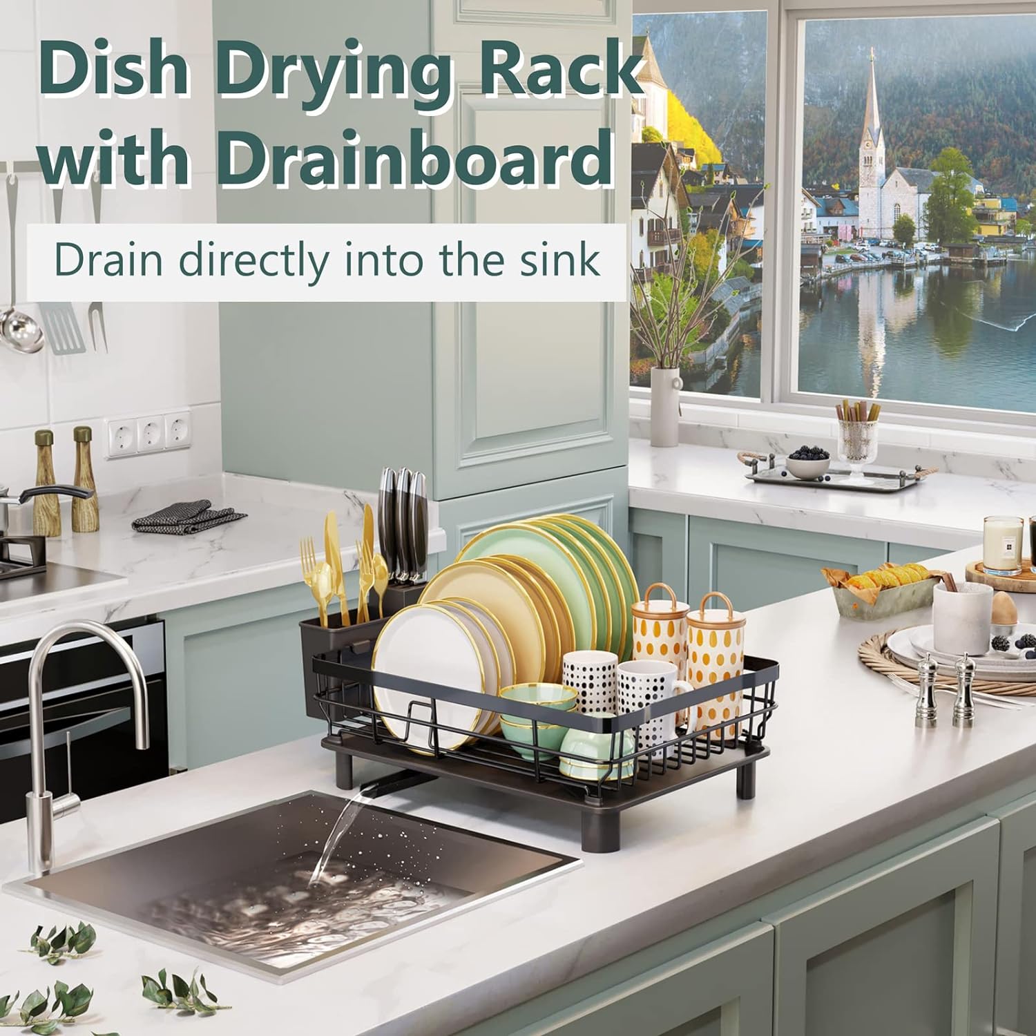 AIDERLY Iron Dish Drying Rack with Drainboard Dish Drainers for Kitchen Counter Sink Adjustable Spout Dish Strainers with Utensil Holder and Knife Slots, Black - Image 2