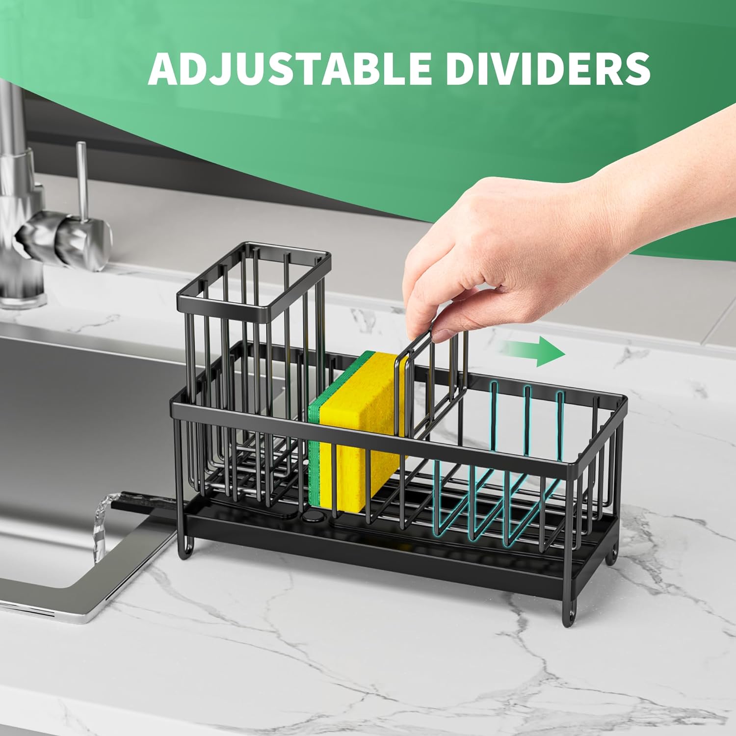 Cisily Sponge Holder for Kitchen Sink, Sink Caddy with High Brush Holder, Organzier Rustproof 304 Stainless Steel Dish Organizer Divider, Soap Dispenser Storage - Image 4
