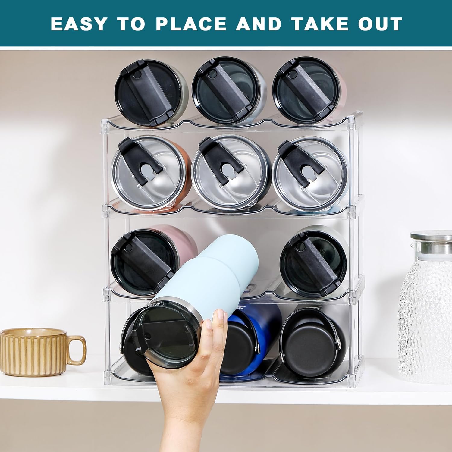 4 Tier Stackable Water Bottle Organizer for Cabinet - Premium Clear Holder for Tumbler, Travel Bottle, Wine Rack Display - Home Kitchen Pantry Refrigerator Organization and Storage - Hold 12 Bottles - Image 6