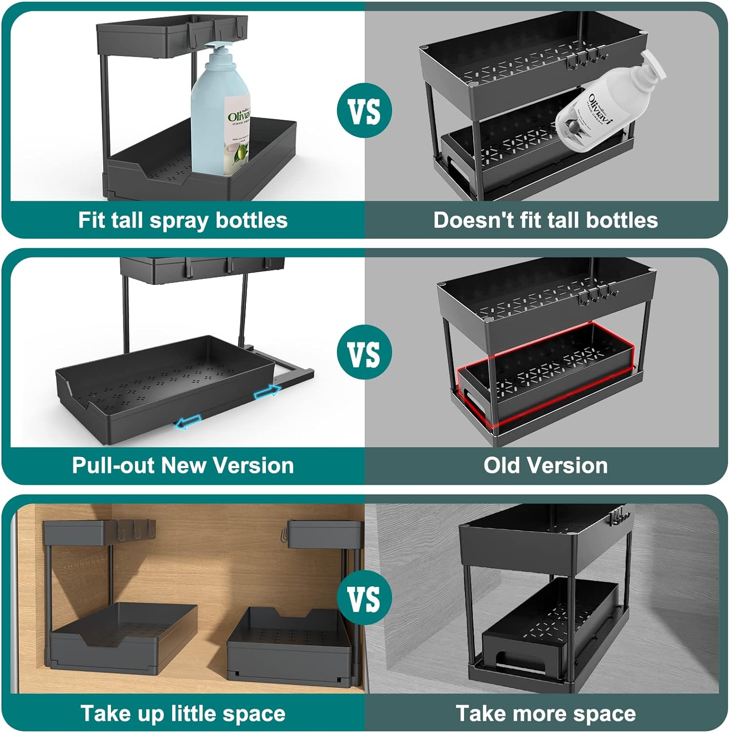 2-Tier Under Sink Organizers, 2 Pack Sliding L-shape Cabinet Organizers Narrow Space Storage Multi-purpose Sink Organizer for Bathroom Kitchen Drawer(Black 2 ) - Image 5