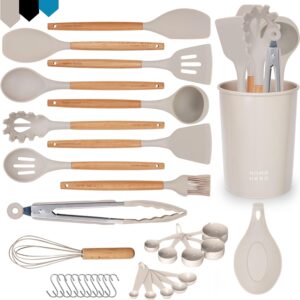 Home Hero 33 Pcs Silicone Kitchen Utensils Set, Non-Stick Silicone Cooking Utensils Set with Spatula, Wooden Handle Spatula, Silicone Kitchen Gadgets Utensil Set (33 Pcs - Khaki)