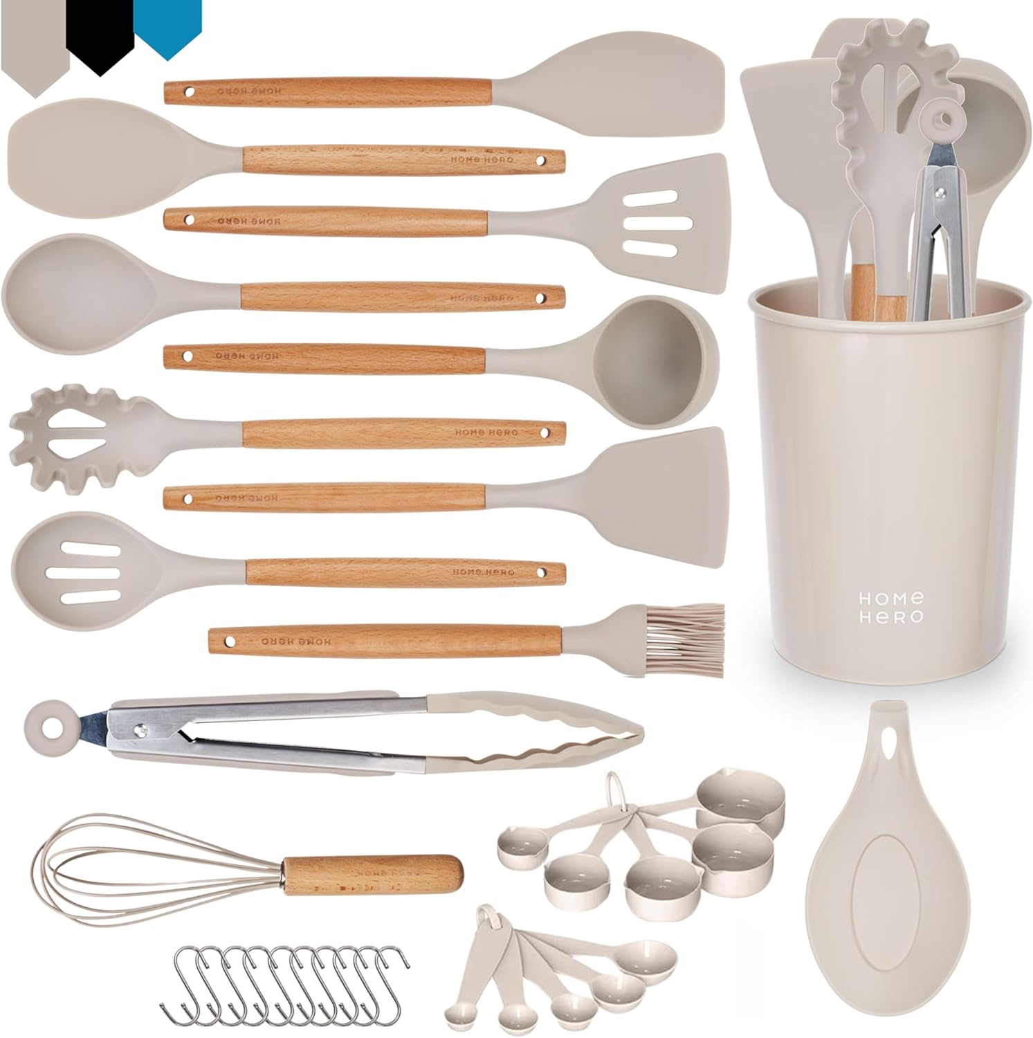 Home Hero 33 Pcs Silicone Kitchen Utensils Set, Non-Stick Silicone Cooking Utensils Set with Spatula, Wooden Handle Spatula, Silicone Kitchen Gadgets Utensil Set (33 Pcs - Khaki)
