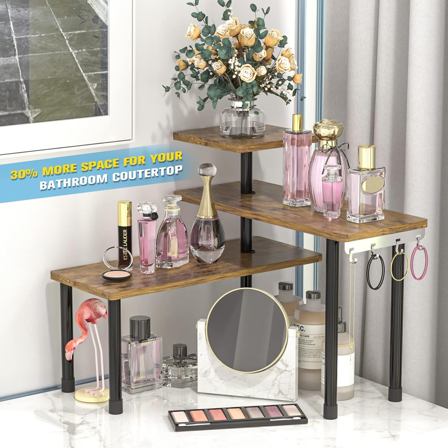 Countertop Organizer Organization, 3 Tier Moveable Corner Shelf for Kitchen , Bathroom , Spice Rack , Coffee Area, Over Sink, Dresser Table (Rustic Brown) - Image 5