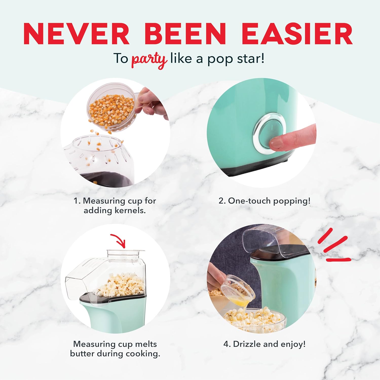 DASH Hot Air Popcorn Popper Maker with Measuring Cup to Portion Popping Corn Kernels + Melt Butter, 16 Cups - Dream Blue - Image 3