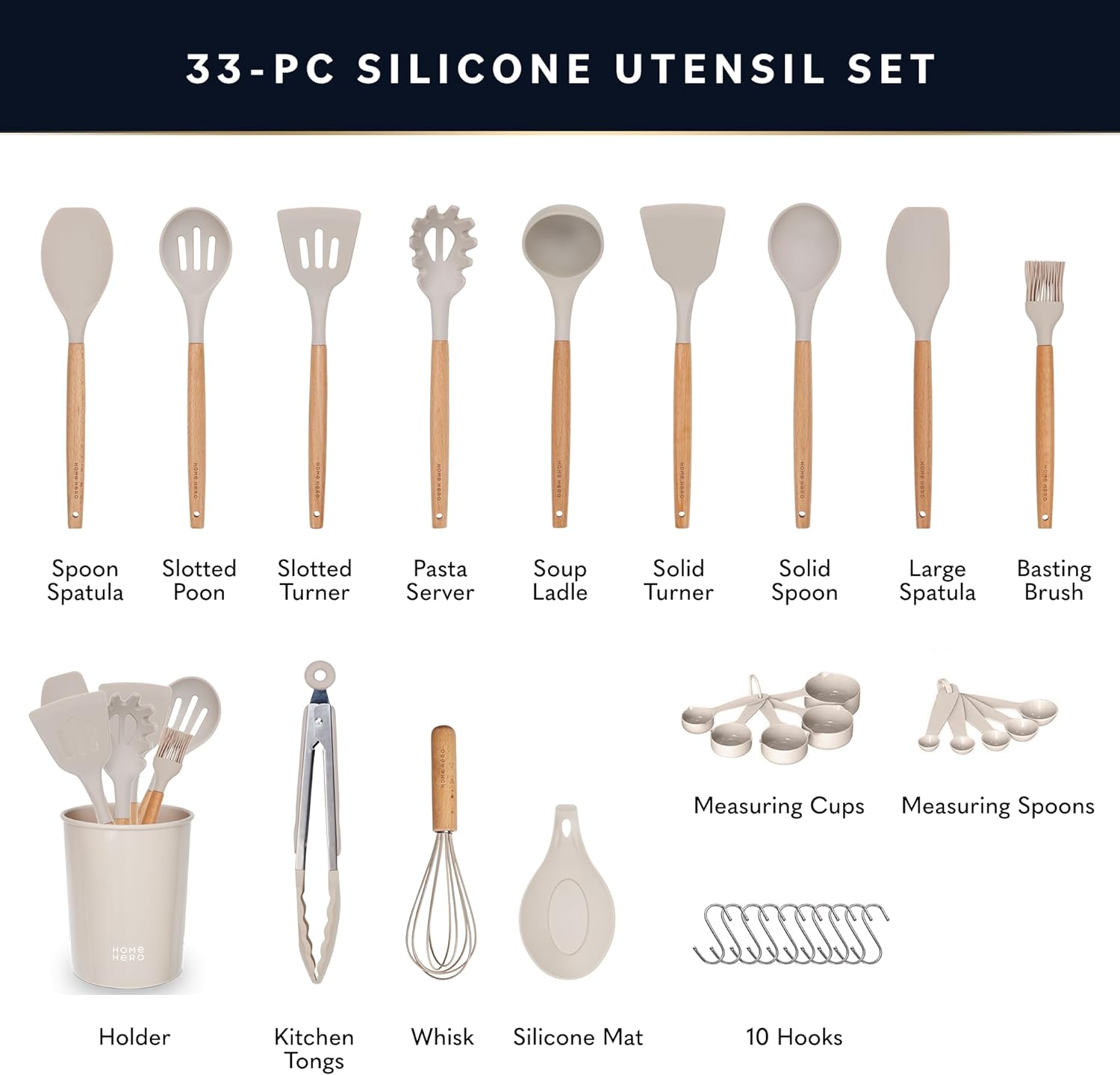 Home Hero 33 Pcs Silicone Kitchen Utensils Set, Non-Stick Silicone Cooking Utensils Set with Spatula, Wooden Handle Spatula, Silicone Kitchen Gadgets Utensil Set (33 Pcs - Khaki) - Image 2