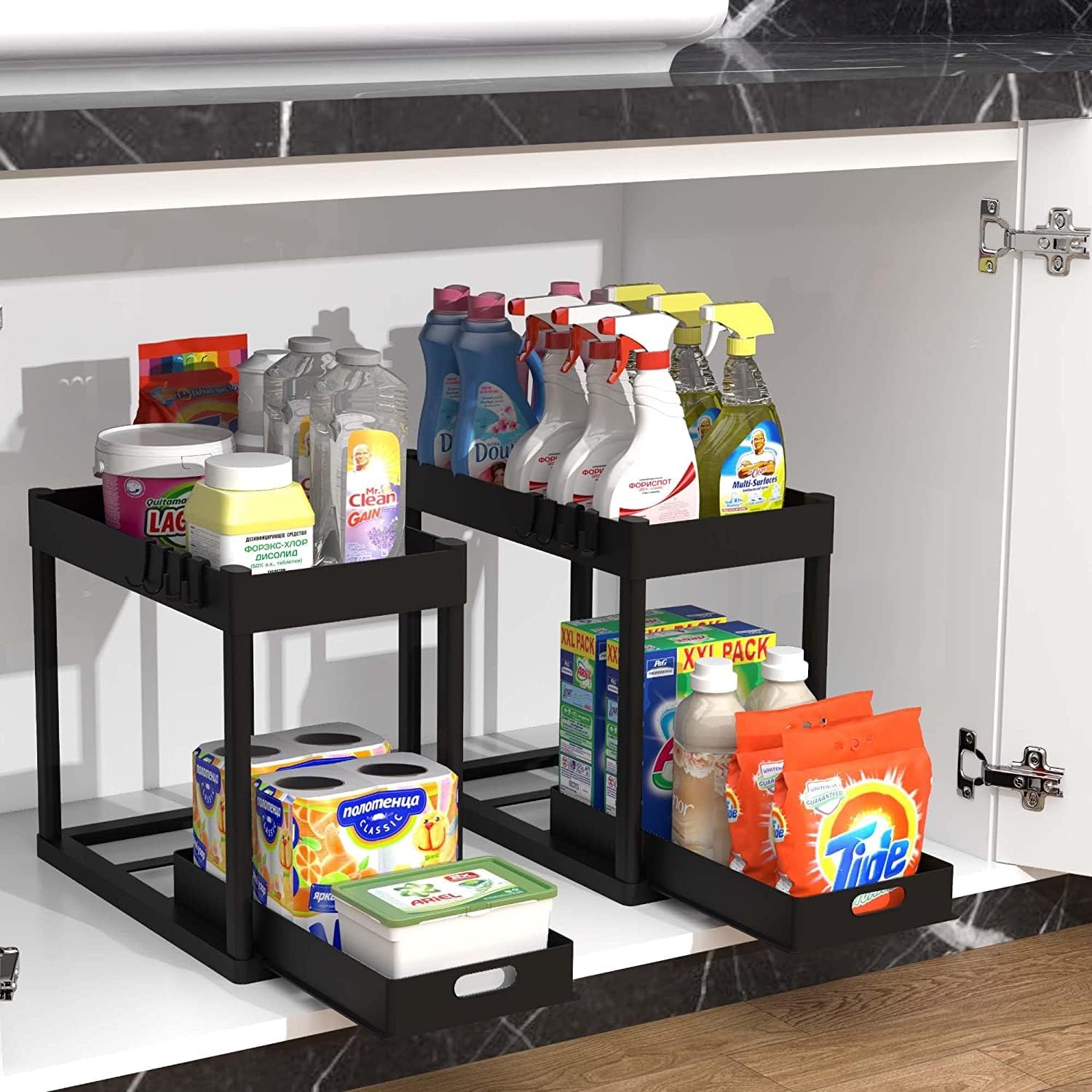 POUGNY 2PC Under Sink Organizer Rack 2 Tier Under Sliding Cabinet Basket Organizer Drawer with 4 Hooks, Multi-purpose Under Sink Storage for Bathroom Kitchen Desktop(Black) - Image 7