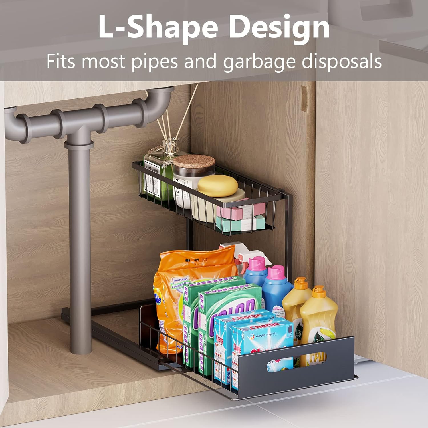 Ceetug Under Sink Organizers and Storage 2 Tier Slide Out Kitchen Cabinet Organizer Sturdy Metal Bathroom Storage, Black - Image 2