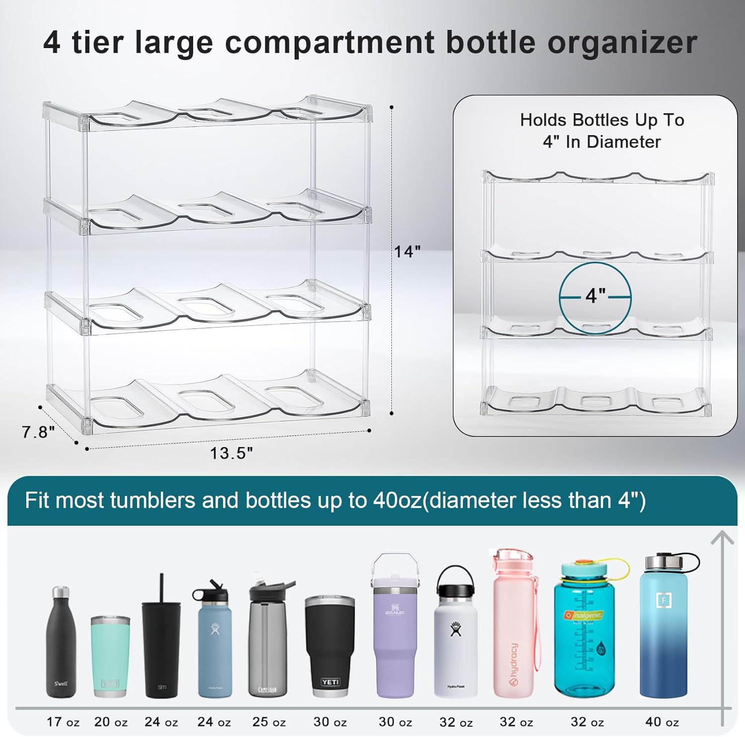 4 Tier Stackable Water Bottle Organizer for Cabinet - Premium Clear Holder for Tumbler, Travel Bottle, Wine Rack Display - Home Kitchen Pantry Refrigerator Organization and Storage - Hold 12 Bottles - Image 2