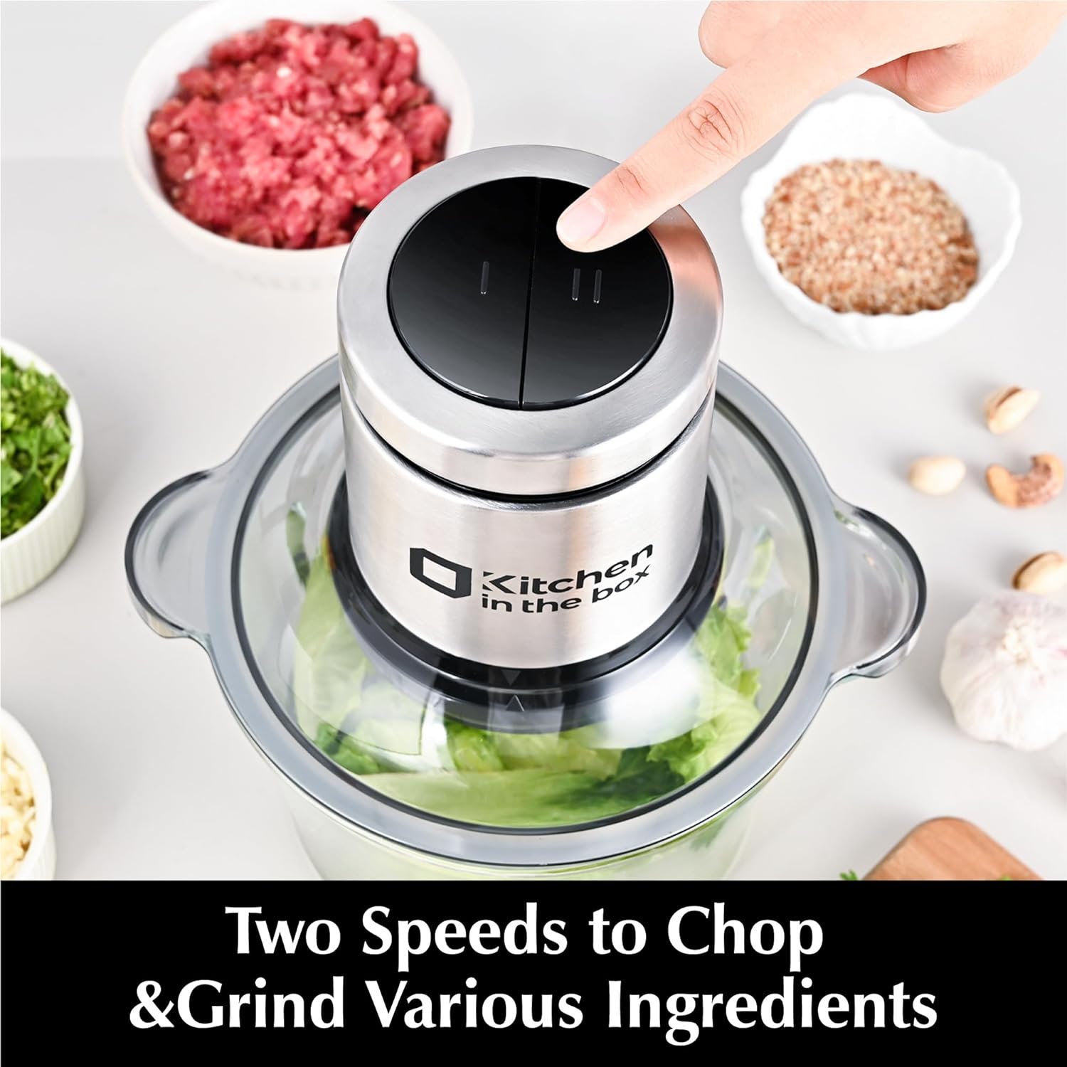 Kitchen in the box Food Processors,Small Meat Grinder & Food Chopper Electric Vegetable Chopper with 2 Bowls (8 Cup+8 Cup)& 2 Bi-Level Blades for Meat/fish/Vegetable/Baby Food,400 W (Black) - Image 5