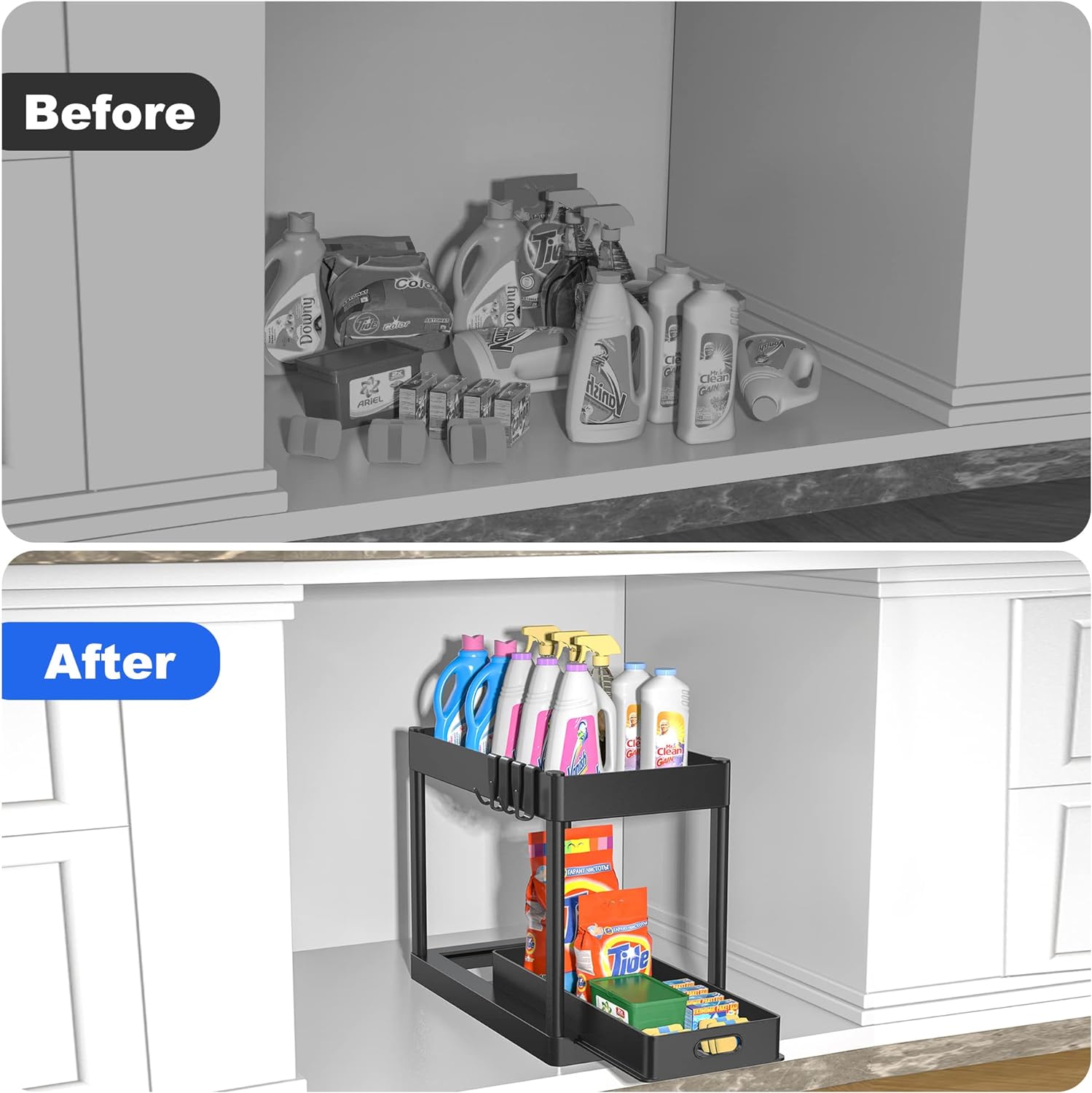 POUGNY 2PC Under Sink Organizer Rack 2 Tier Under Sliding Cabinet Basket Organizer Drawer with 4 Hooks, Multi-purpose Under Sink Storage for Bathroom Kitchen Desktop(Black) - Image 2