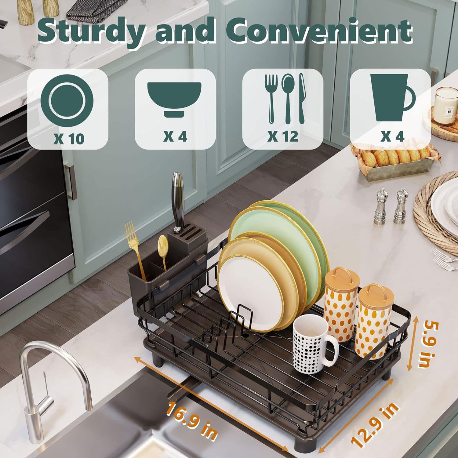 AIDERLY Iron Dish Drying Rack with Drainboard Dish Drainers for Kitchen Counter Sink Adjustable Spout Dish Strainers with Utensil Holder and Knife Slots, Black - Image 7