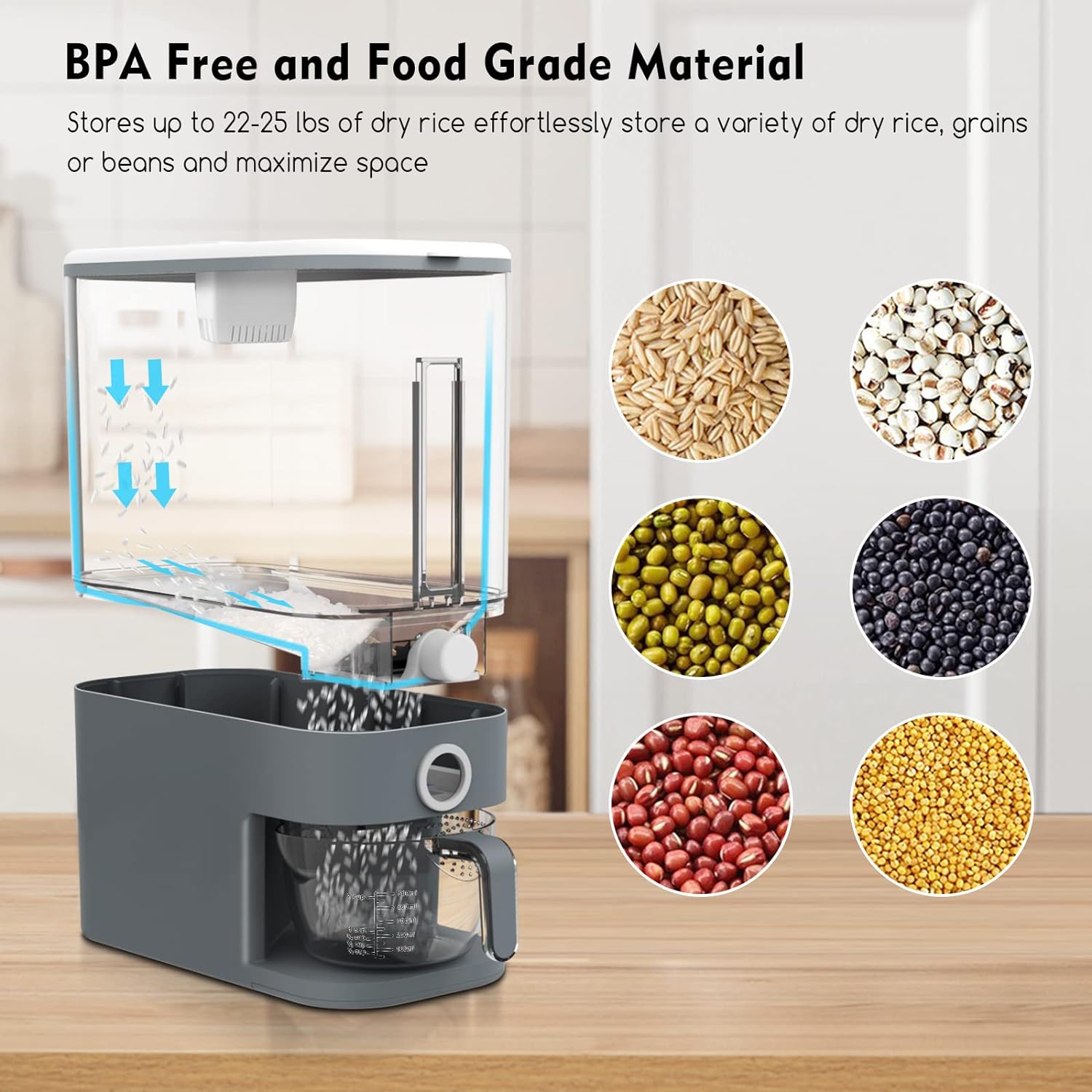 VenDotbi Rice Dispenser, 22-25 Lbs Rice Container with Measuring Cup, Upgraded Built-in Fresh Box, Cereal Dispenser Storage with Lids for Home Kitchen Pantry Rice Soybean Corn-Grey - Image 6