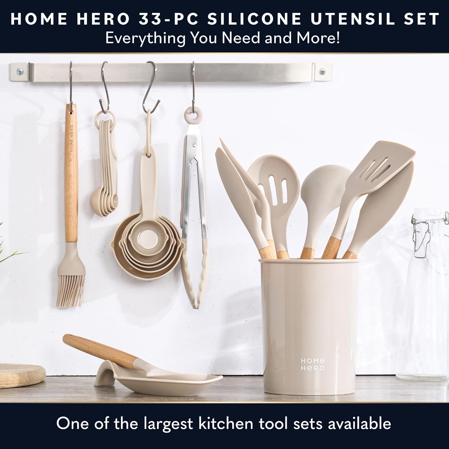 Home Hero 33 Pcs Silicone Kitchen Utensils Set, Non-Stick Silicone Cooking Utensils Set with Spatula, Wooden Handle Spatula, Silicone Kitchen Gadgets Utensil Set (33 Pcs - Khaki) - Image 3