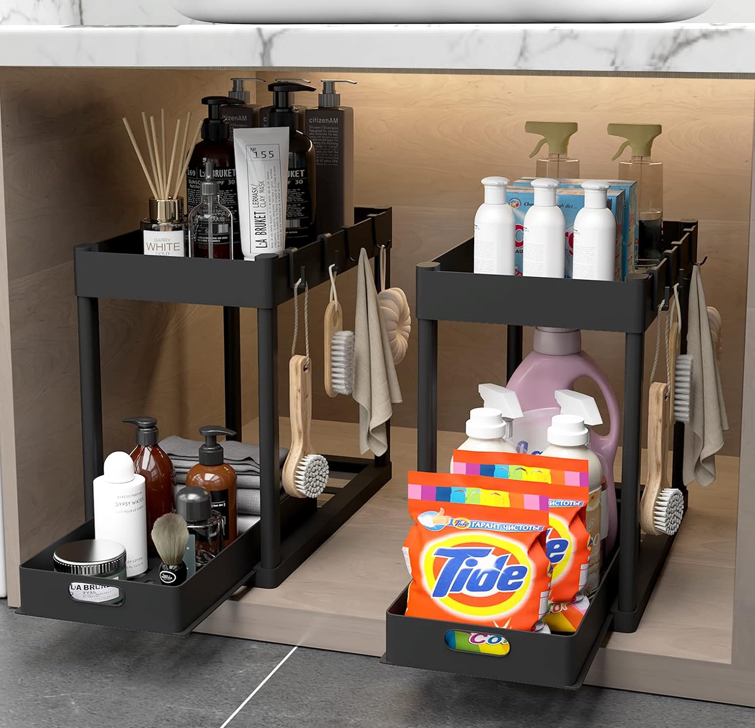 POUGNY 2PC Under Sink Organizer Rack 2 Tier Under Sliding Cabinet Basket Organizer Drawer with 4 Hooks, Multi-purpose Under Sink Storage for Bathroom Kitchen Desktop(Black) - Image 8