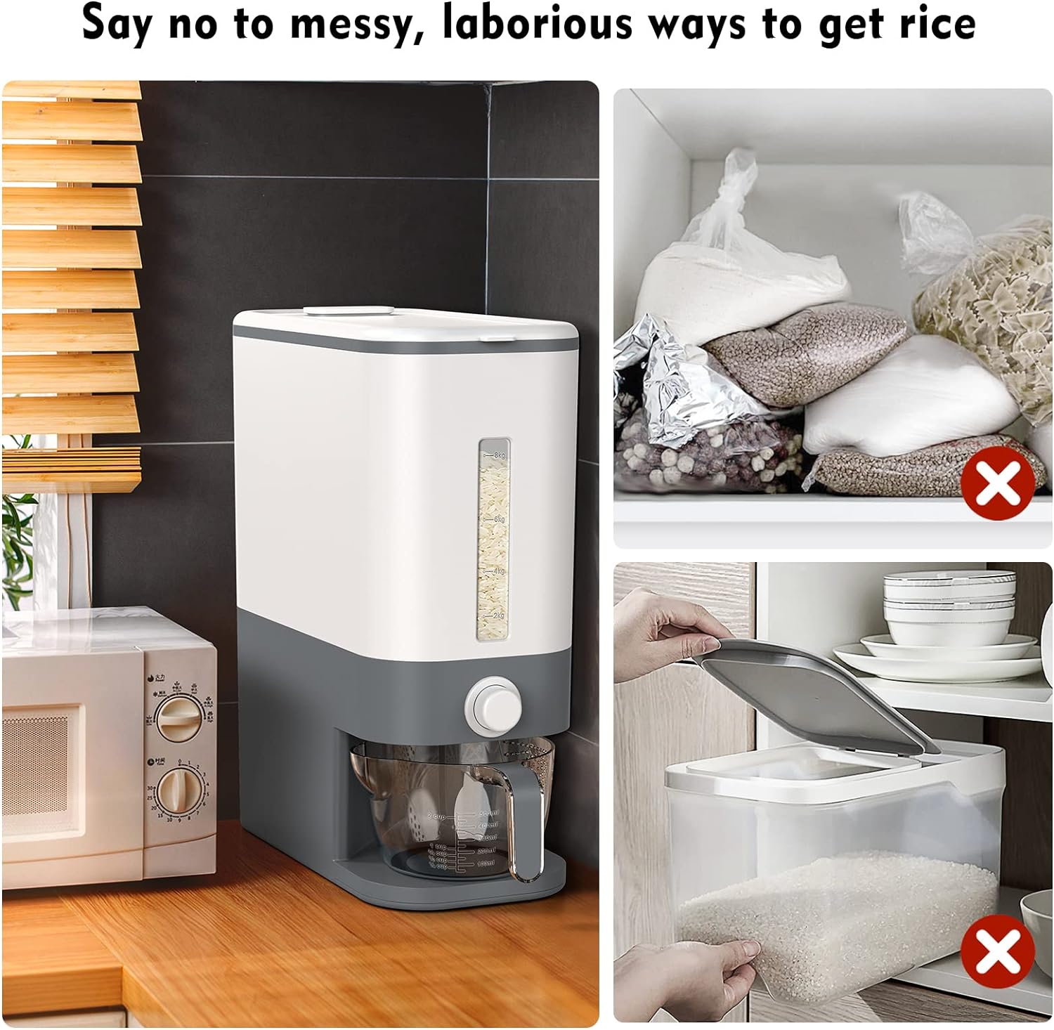 VenDotbi Rice Dispenser, 22-25 Lbs Rice Container with Measuring Cup, Upgraded Built-in Fresh Box, Cereal Dispenser Storage with Lids for Home Kitchen Pantry Rice Soybean Corn-Grey - Image 2