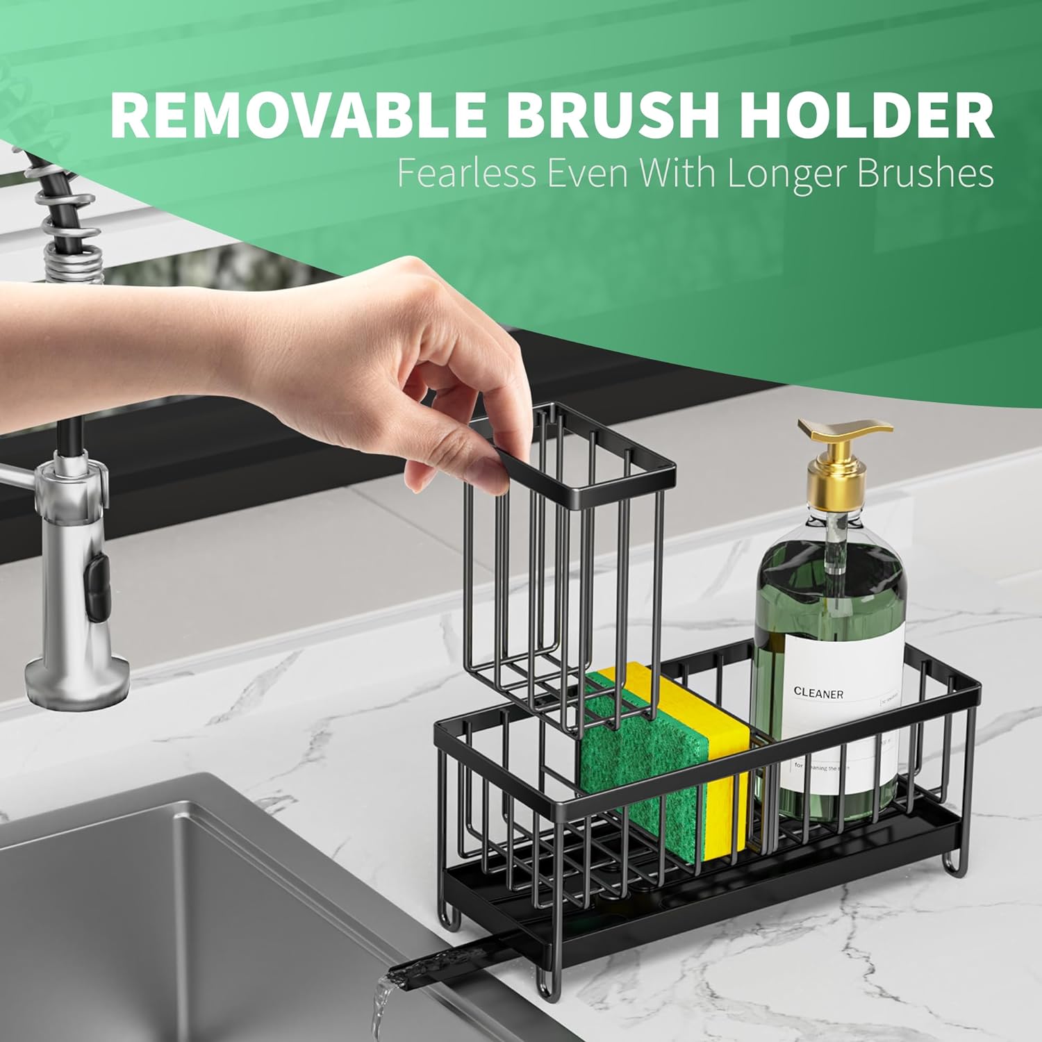 Cisily Sponge Holder for Kitchen Sink, Sink Caddy with High Brush Holder, Organzier Rustproof 304 Stainless Steel Dish Organizer Divider, Soap Dispenser Storage - Image 3