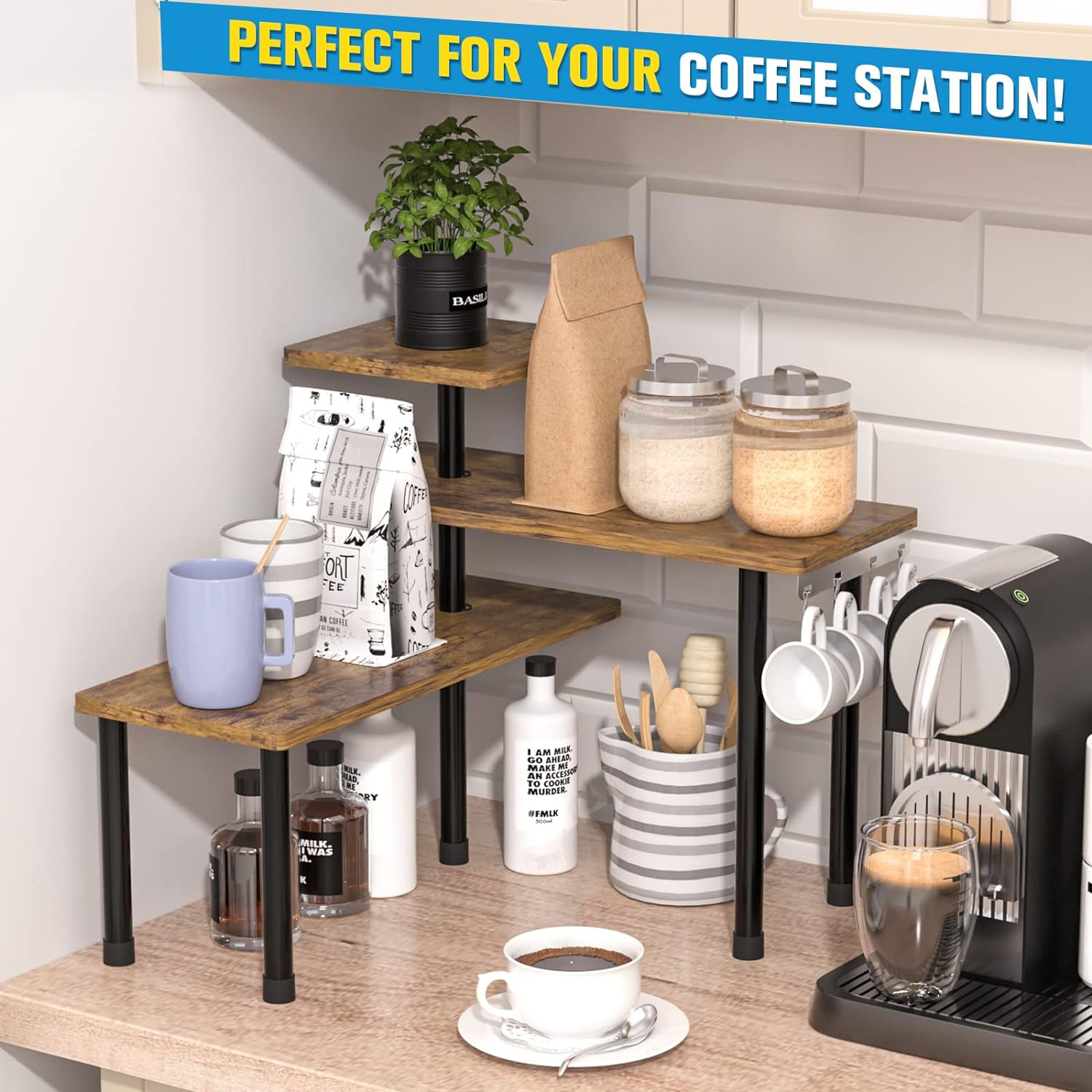 Countertop Organizer Organization, 3 Tier Moveable Corner Shelf for Kitchen , Bathroom , Spice Rack , Coffee Area, Over Sink, Dresser Table (Rustic Brown) - Image 3