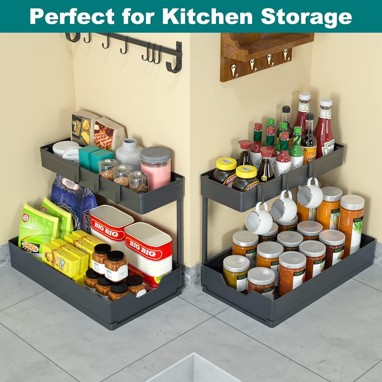 2-Tier Under Sink Organizers, 2 Pack Sliding L-shape Cabinet Organizers Narrow Space Storage Multi-purpose Sink Organizer for Bathroom Kitchen Drawer(Black 2 ) - Image 2