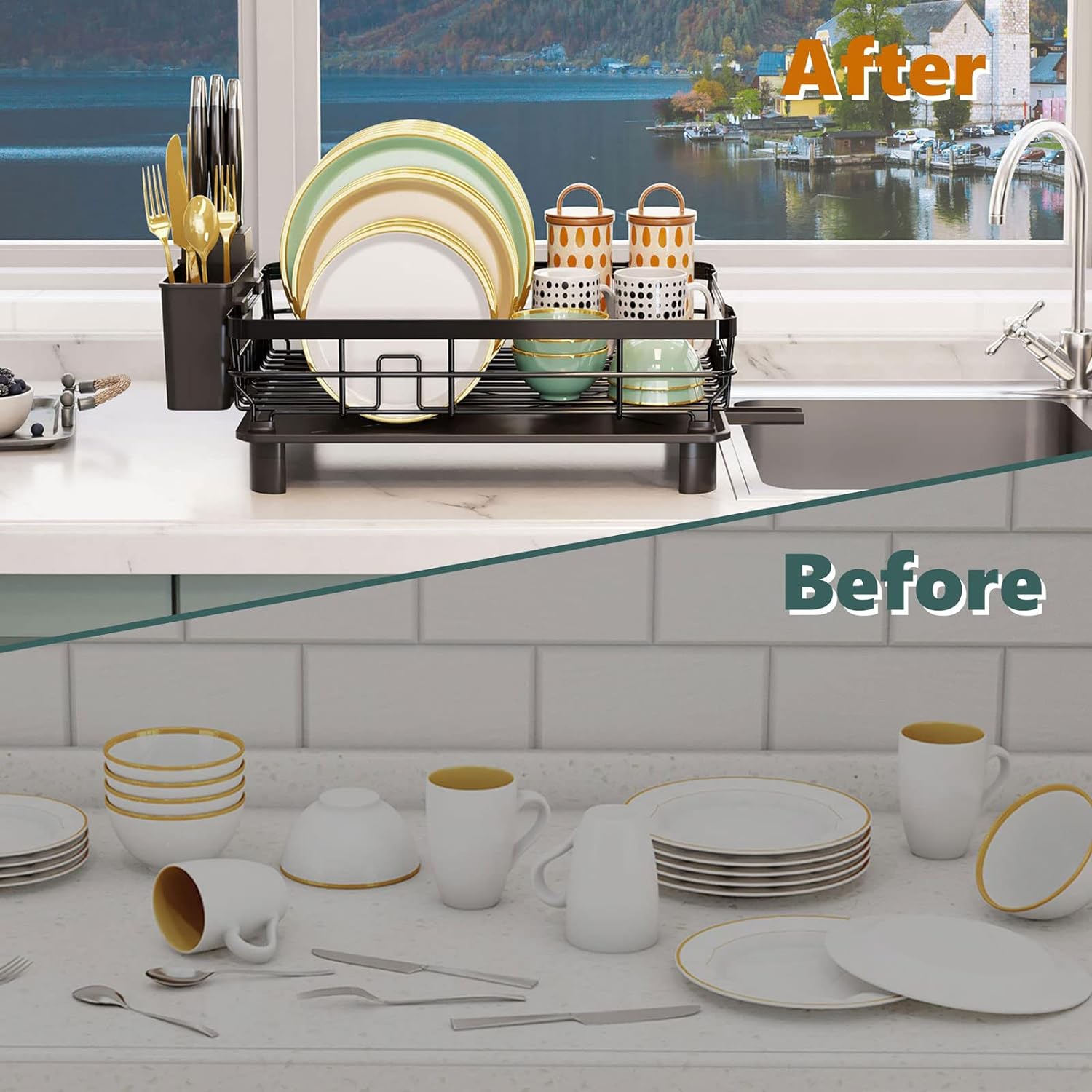 AIDERLY Iron Dish Drying Rack with Drainboard Dish Drainers for Kitchen Counter Sink Adjustable Spout Dish Strainers with Utensil Holder and Knife Slots, Black - Image 6