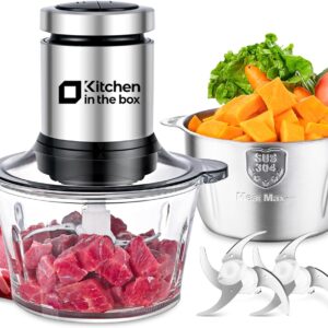 Kitchen in the box Food Processors,Small Meat Grinder & Food Chopper Electric Vegetable Chopper with 2 Bowls (8 Cup+8 Cup)& 2 Bi-Level Blades for Meat/fish/Vegetable/Baby Food，400 W (Black)
