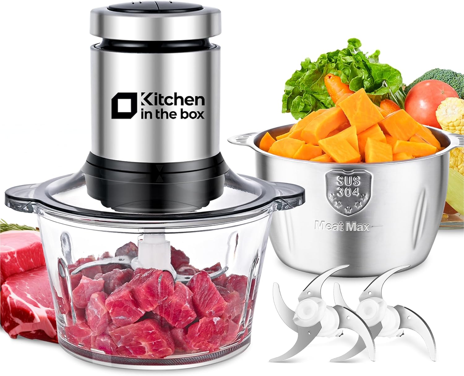 Kitchen in the box Food Processors,Small Meat Grinder & Food Chopper Electric Vegetable Chopper with 2 Bowls (8 Cup+8 Cup)& 2 Bi-Level Blades for Meat/fish/Vegetable/Baby Food,400 W (Black)
