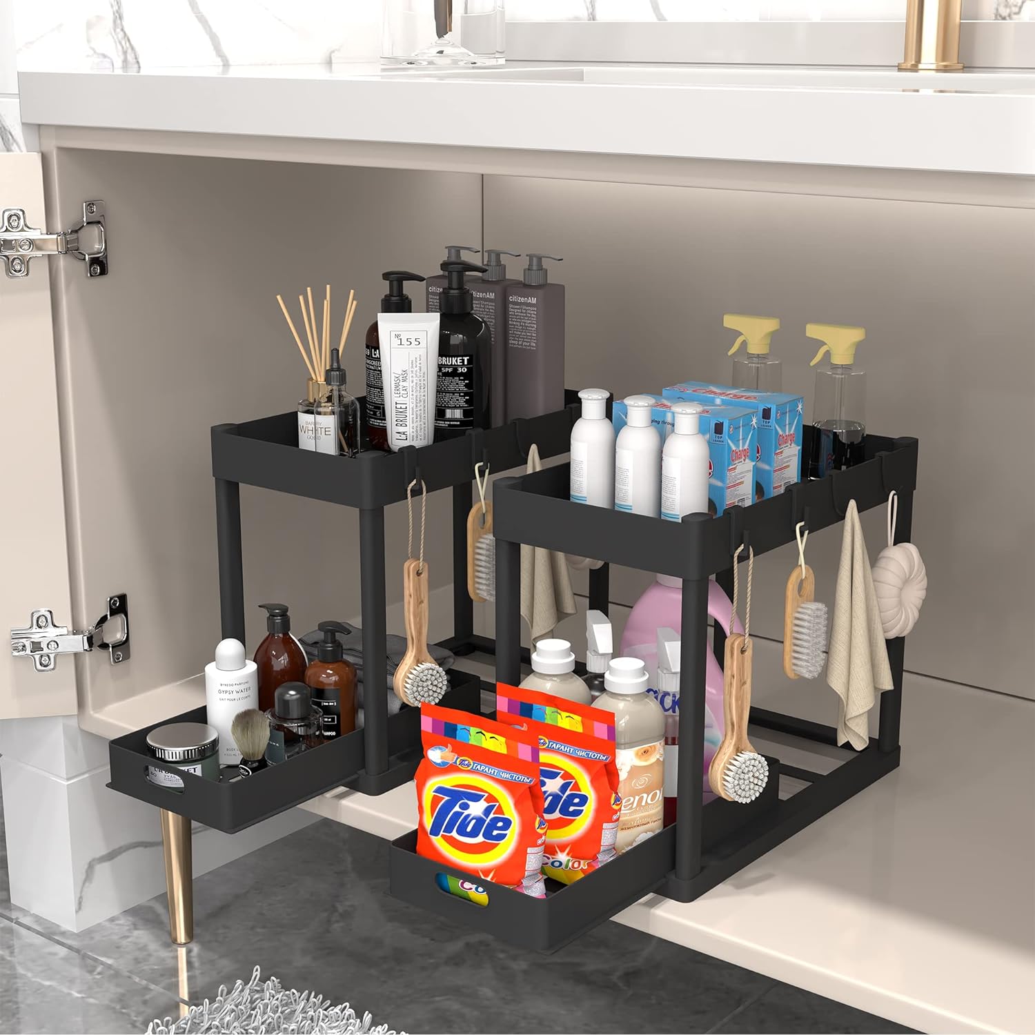 POUGNY 2PC Under Sink Organizer Rack 2 Tier Under Sliding Cabinet Basket Organizer Drawer with 4 Hooks, Multi-purpose Under Sink Storage for Bathroom Kitchen Desktop(Black) - Image 4