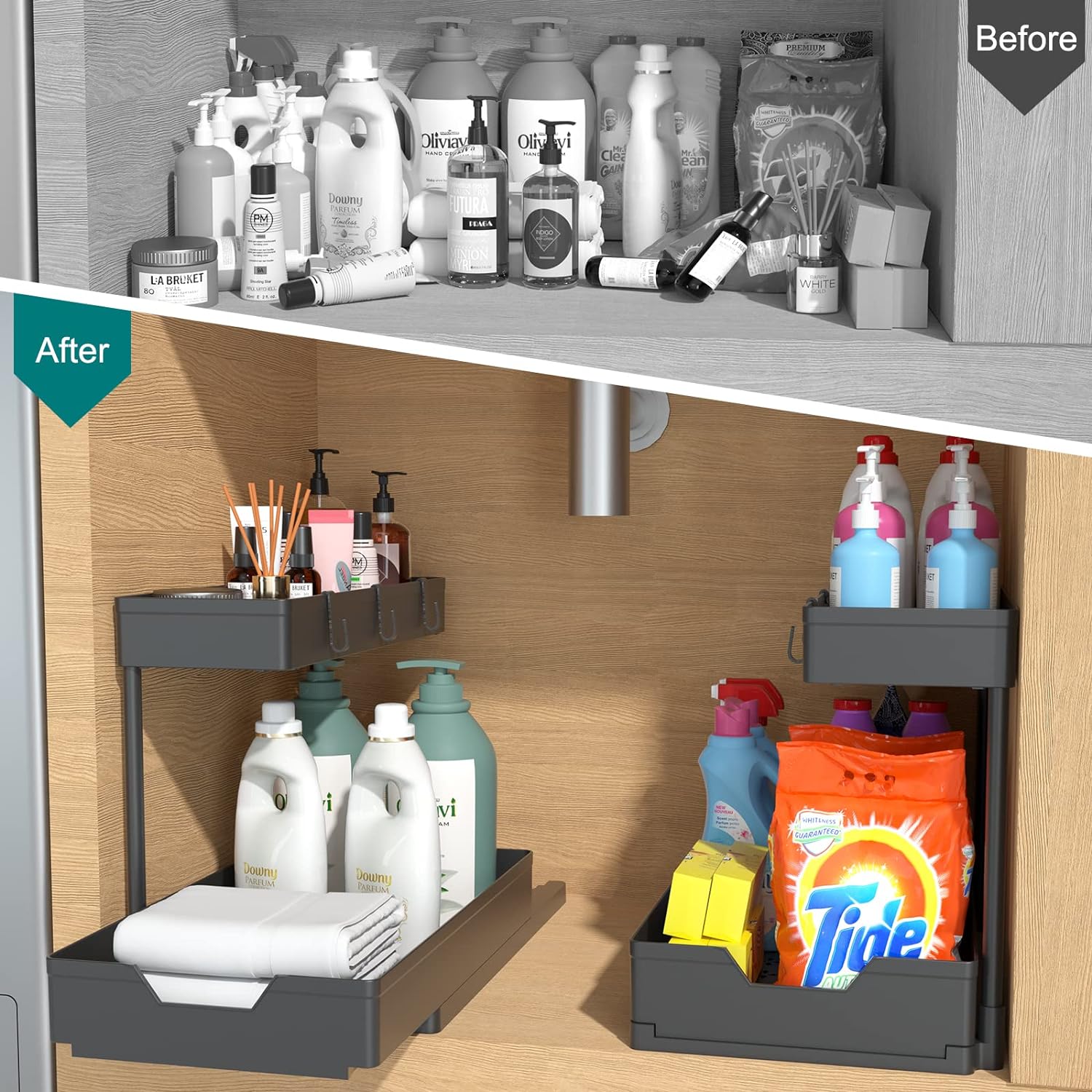 2-Tier Under Sink Organizers, 2 Pack Sliding L-shape Cabinet Organizers Narrow Space Storage Multi-purpose Sink Organizer for Bathroom Kitchen Drawer(Black 2 ) - Image 4