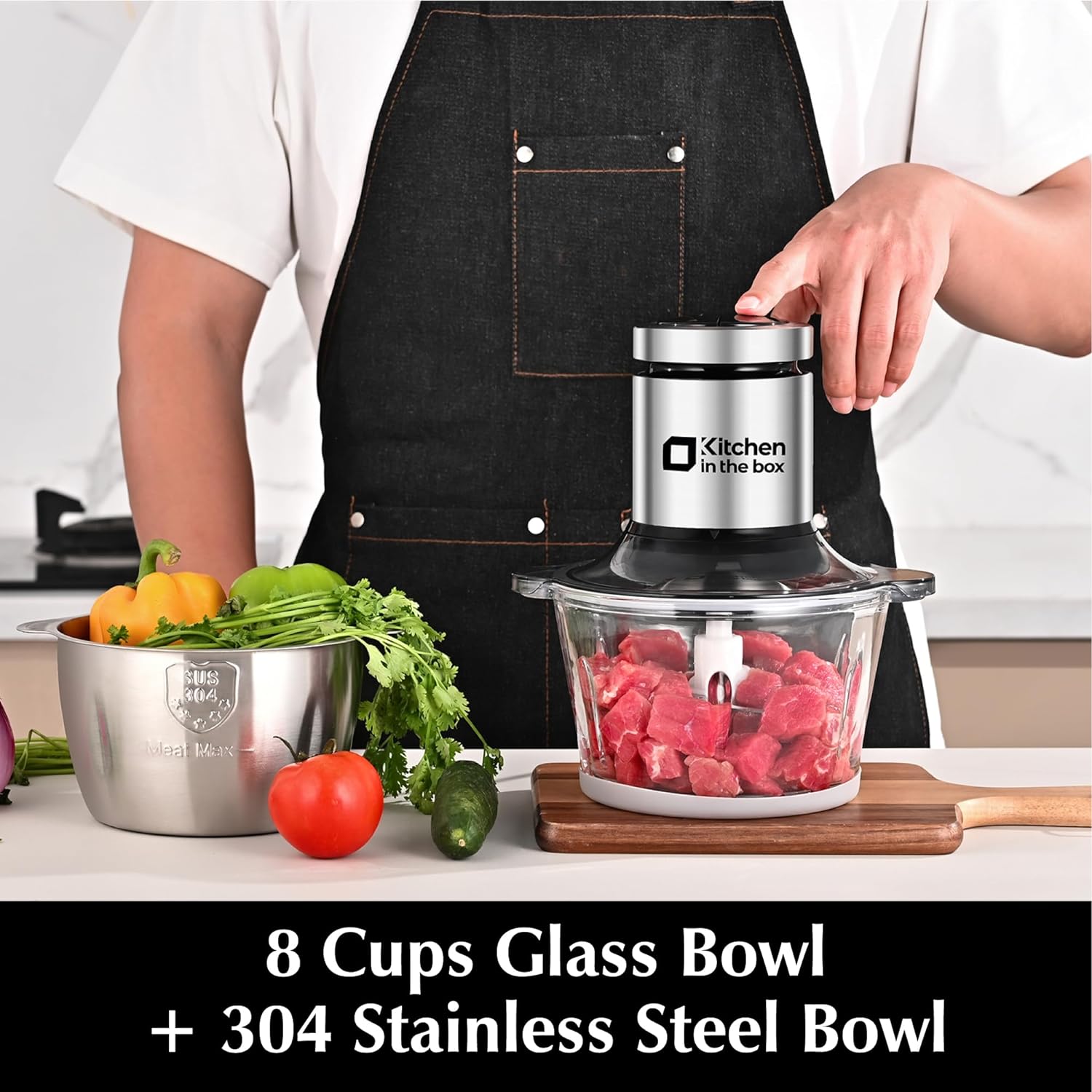 Kitchen in the box Food Processors,Small Meat Grinder & Food Chopper Electric Vegetable Chopper with 2 Bowls (8 Cup+8 Cup)& 2 Bi-Level Blades for Meat/fish/Vegetable/Baby Food,400 W (Black) - Image 3