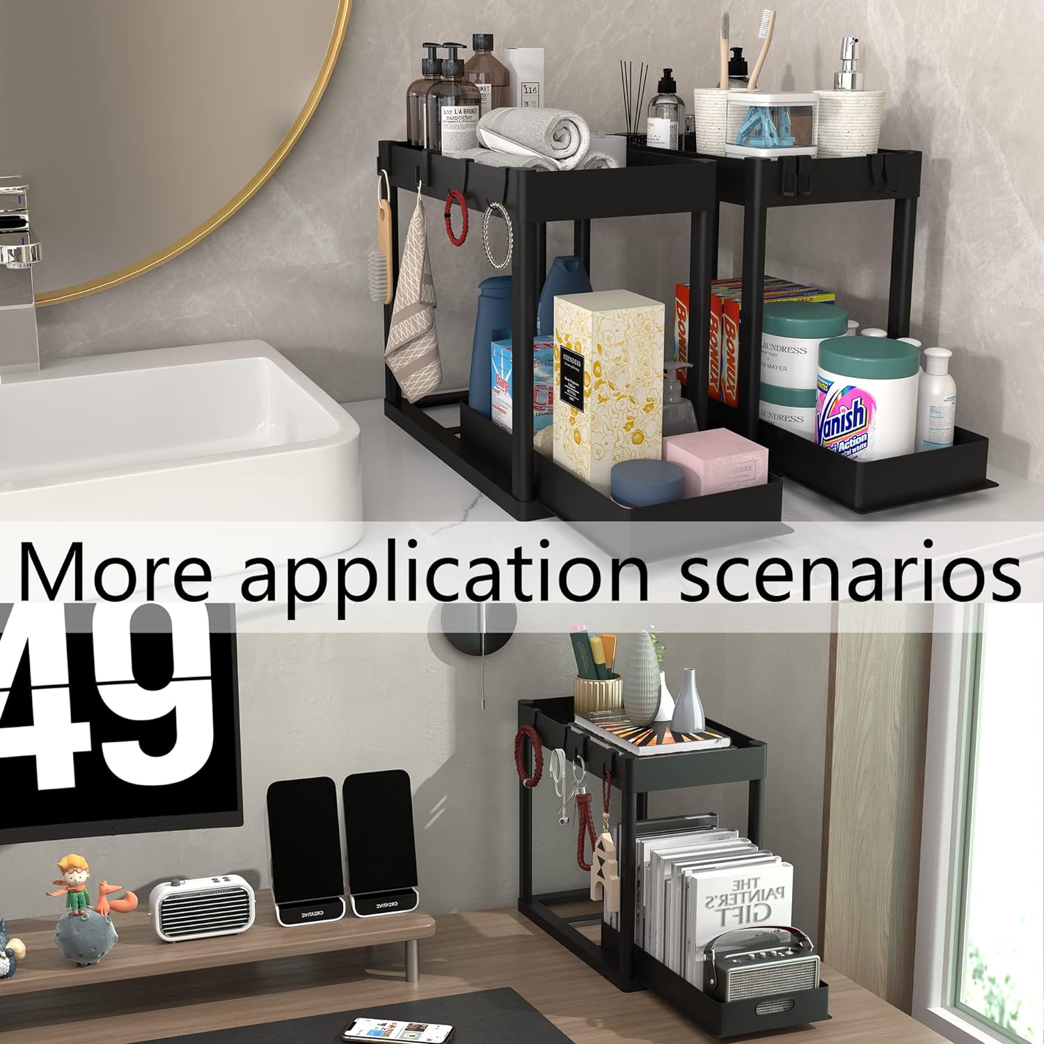 POUGNY 2PC Under Sink Organizer Rack 2 Tier Under Sliding Cabinet Basket Organizer Drawer with 4 Hooks, Multi-purpose Under Sink Storage for Bathroom Kitchen Desktop(Black) - Image 5