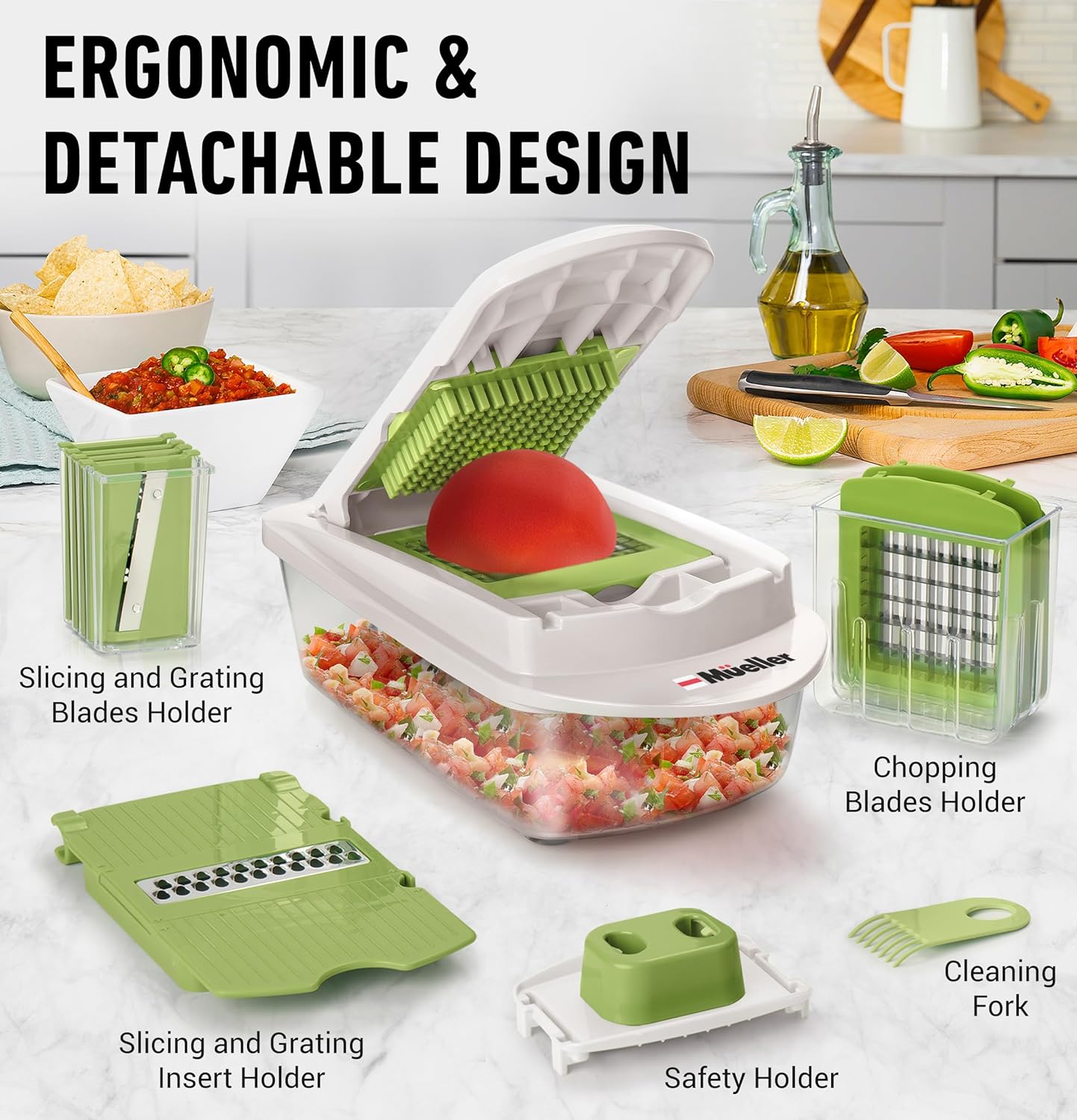 Mueller Pro-Series 10-in-1, 8 Blade Vegetable Chopper, Onion Mincer, Cutter, Dicer, Egg Slicer with Container, French Fry Cutter Potato Slicer, Home Essentials, Salad Chopper White Sand/Green - Image 8