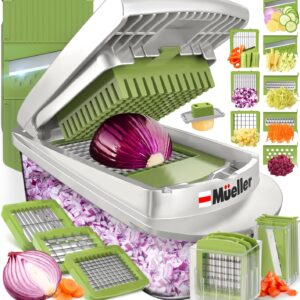 Mueller Pro-Series 10-in-1, 8 Blade Vegetable Chopper, Onion Mincer, Cutter, Dicer, Egg Slicer with Container, French Fry Cutter Potato Slicer, Home Essentials, Salad Chopper White Sand/Green