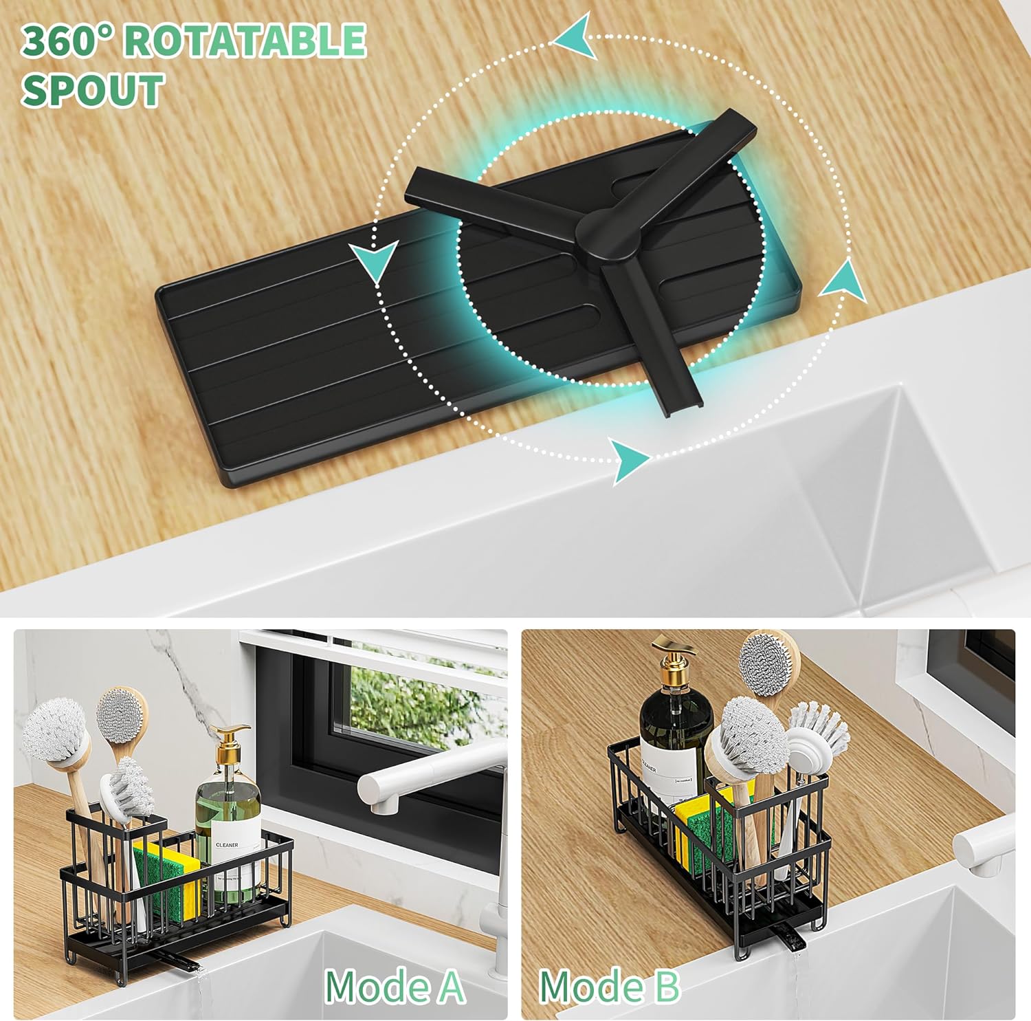 Cisily Sponge Holder for Kitchen Sink, Sink Caddy with High Brush Holder, Organzier Rustproof 304 Stainless Steel Dish Organizer Divider, Soap Dispenser Storage - Image 2