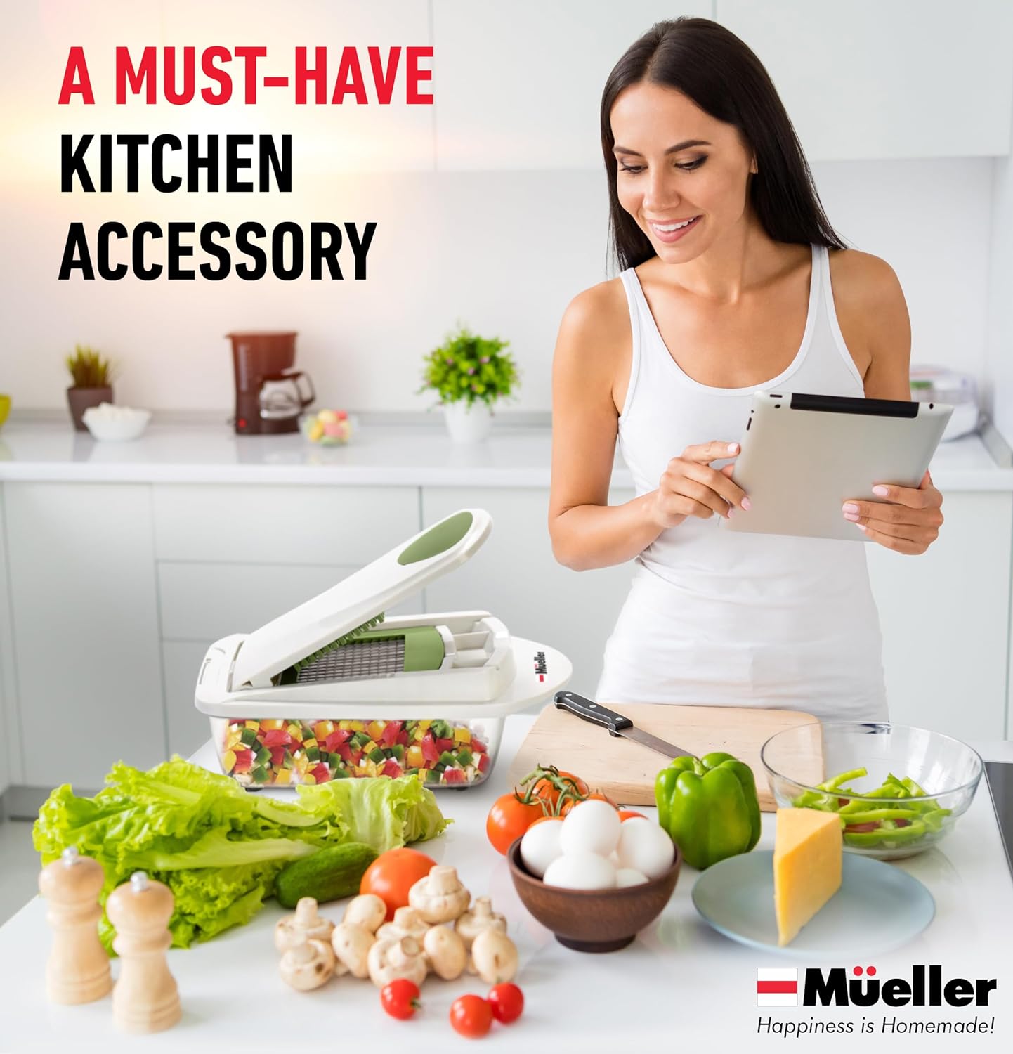 Mueller Pro-Series 10-in-1, 8 Blade Vegetable Chopper, Onion Mincer, Cutter, Dicer, Egg Slicer with Container, French Fry Cutter Potato Slicer, Home Essentials, Salad Chopper White Sand/Green - Image 7