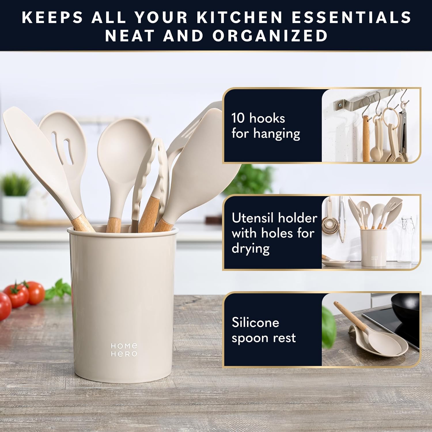 Home Hero 33 Pcs Silicone Kitchen Utensils Set, Non-Stick Silicone Cooking Utensils Set with Spatula, Wooden Handle Spatula, Silicone Kitchen Gadgets Utensil Set (33 Pcs - Khaki) - Image 6