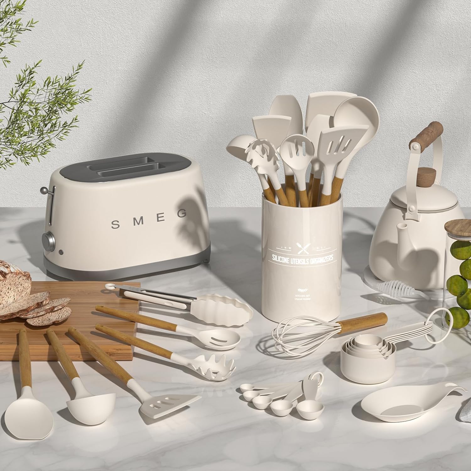 Umite Chef Kitchen Cooking Utensils Set, 33 pcs Non-Stick Silicone Cooking Kitchen Utensils Spatula Set with Holder, Wooden Handle Silicone Kitchen Gadgets Utensil Set (Khaki) - Image 2