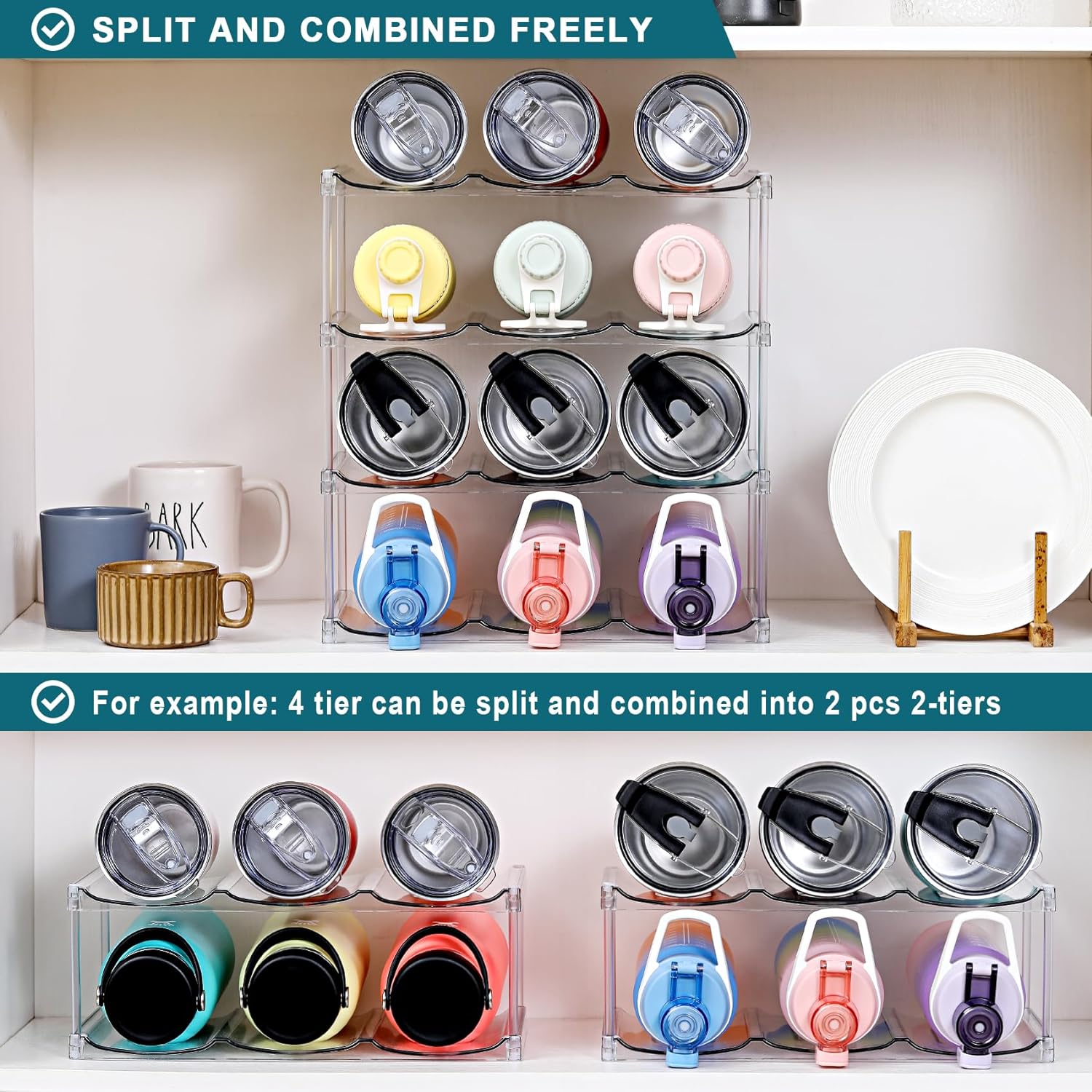 4 Tier Stackable Water Bottle Organizer for Cabinet - Premium Clear Holder for Tumbler, Travel Bottle, Wine Rack Display - Home Kitchen Pantry Refrigerator Organization and Storage - Hold 12 Bottles - Image 5