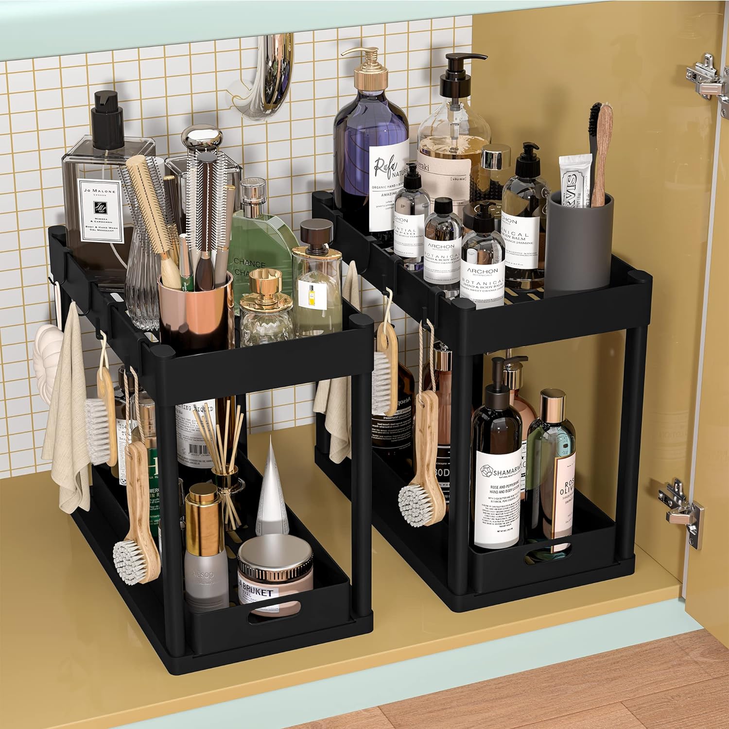 POUGNY 2PC Under Sink Organizer Rack 2 Tier Under Sliding Cabinet Basket Organizer Drawer with 4 Hooks, Multi-purpose Under Sink Storage for Bathroom Kitchen Desktop(Black) - Image 3