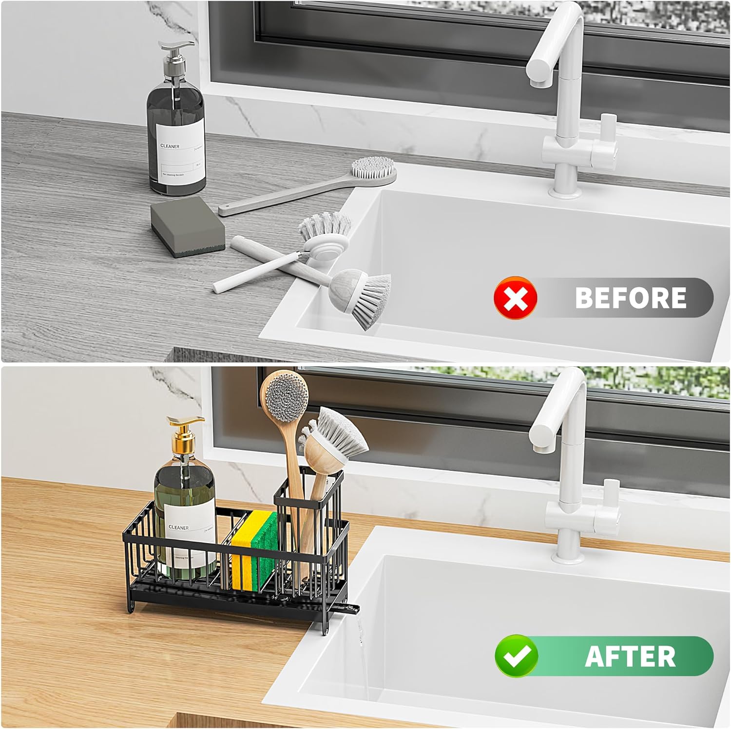 Cisily Sponge Holder for Kitchen Sink, Sink Caddy with High Brush Holder, Organzier Rustproof 304 Stainless Steel Dish Organizer Divider, Soap Dispenser Storage - Image 6