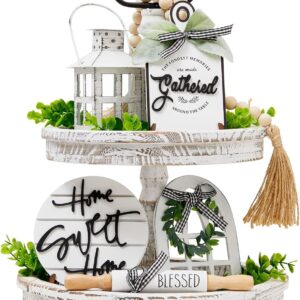Houmury Set of 16 Farmhouse Tiered Tray Decor with 1 Lantern Artificial Plant& Cutting Board Sign for Rustic Home Sweet Home Kitchen Decor Tier Tray Decor Set