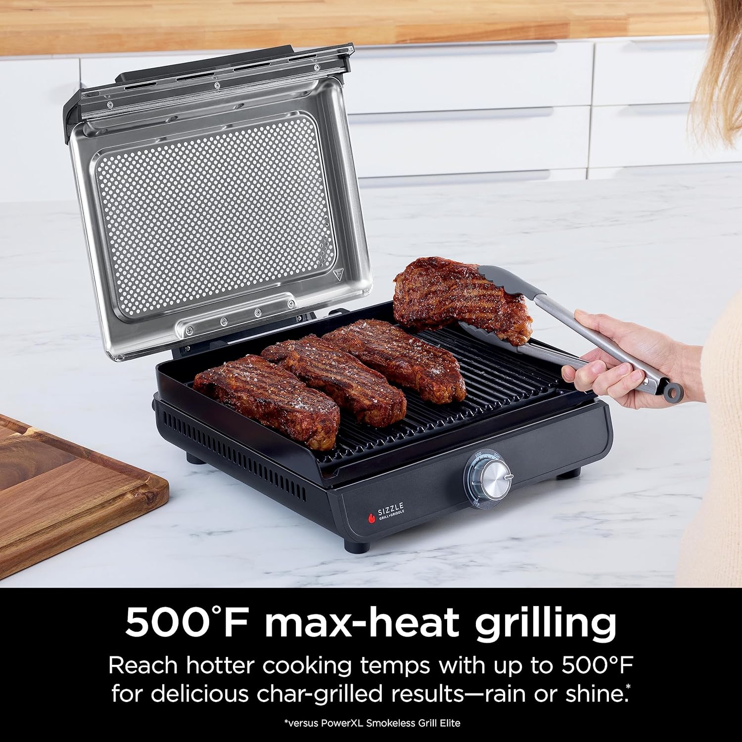 Ninja GR101 Sizzle Smokeless Indoor Grill & Griddle, 14'' Interchangeable Nonstick Plates, Dishwasher-Safe Removable Mesh Lid, 500F Max Heat, Even Edge-to-Edge Cooking, Grey/Silver - Image 3